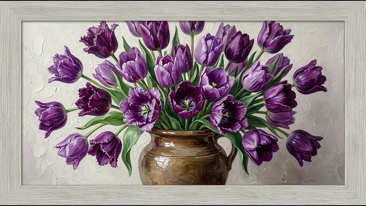 Purple Tulips in a modern style with a white washed wooden frame - Frame TV Art