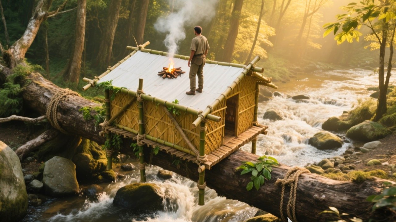 I Built This Shelter Over a Stream Using Fallen Trees