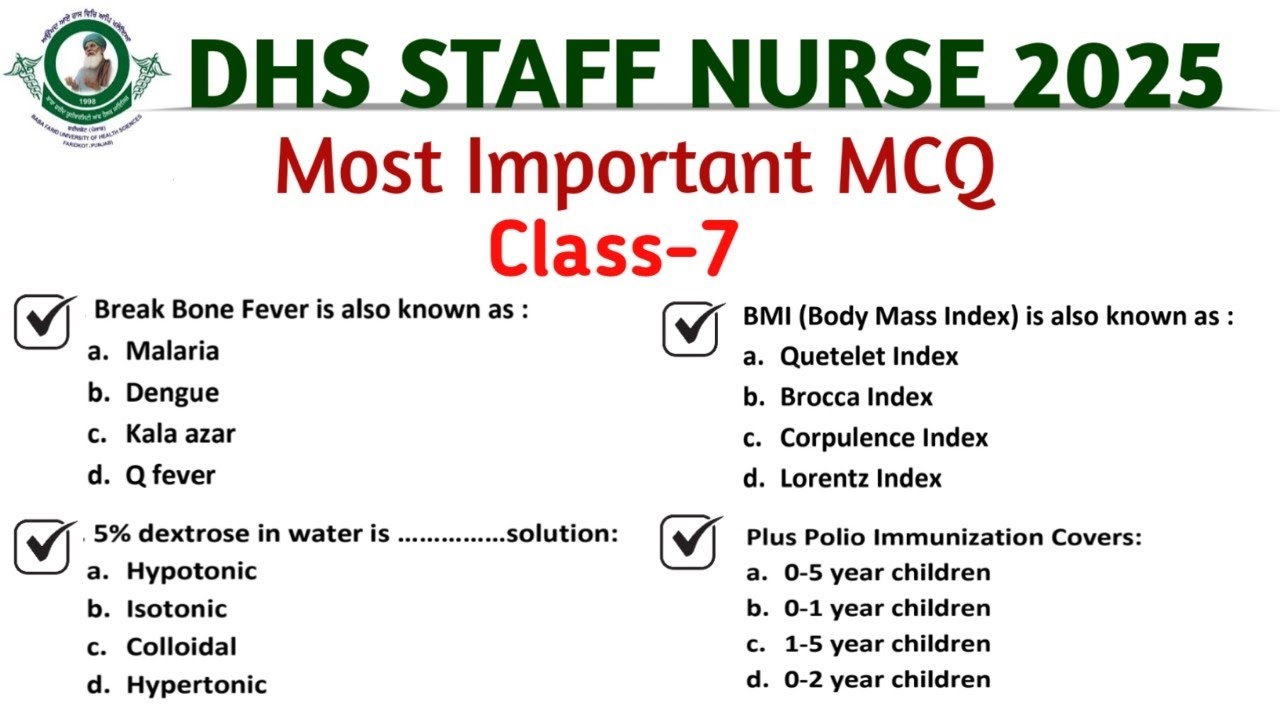 Dhs staff nurse Important MCQ || Class- 7 || Bfuhs exam important mcq 