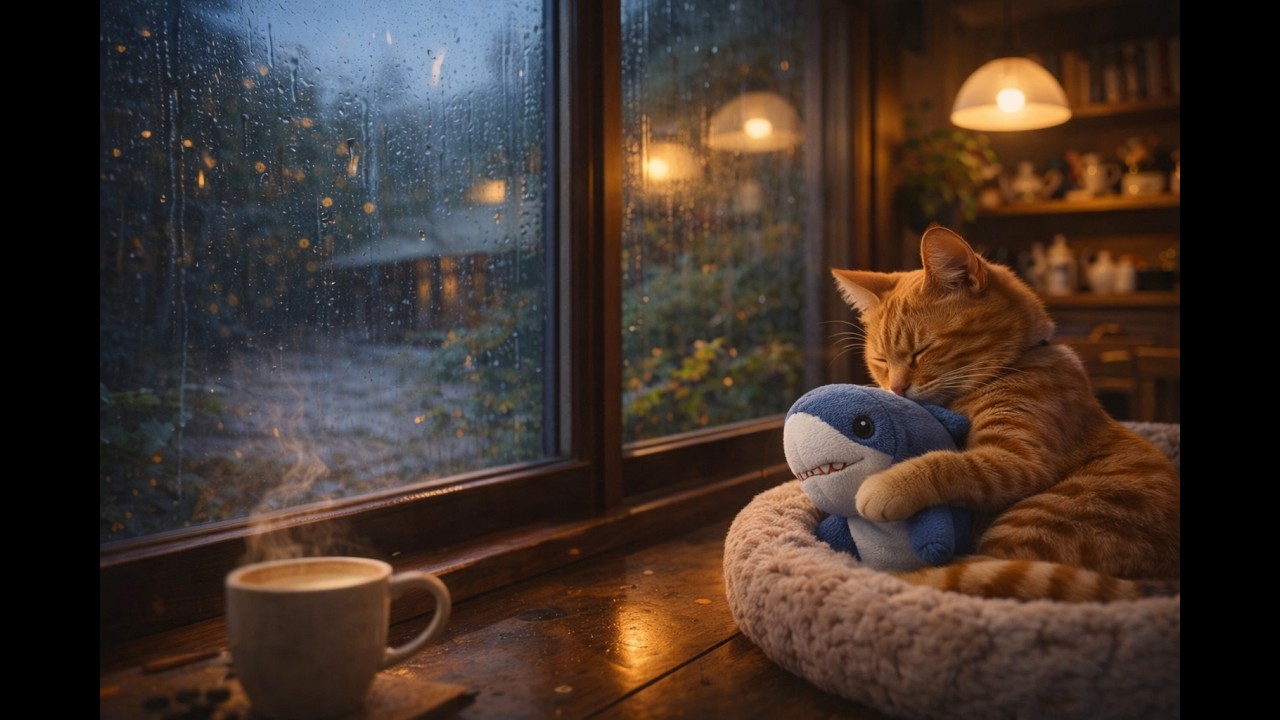 Rainy Night Cat Café Ambience ☕🐱 Cozy Sleep & Study Background