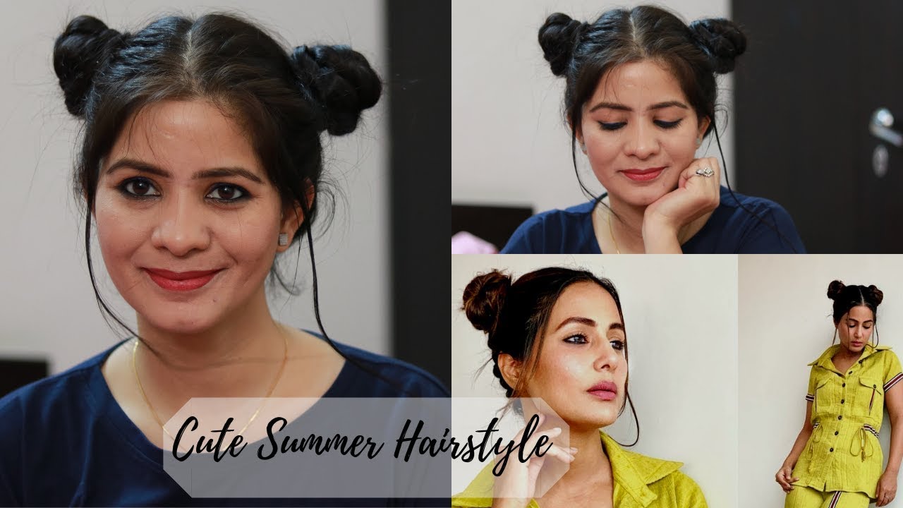 Hairstyle Inspired By Hina Khan | Double Bun Hairstyle For Summers | Cute Bun Hairstyle For Girls