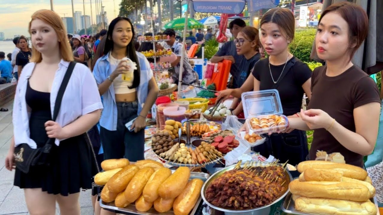 Cambodian STREE FOOD Tour 2025 - Popular Place Walking at Riverside Food Market in Phnom Penh City