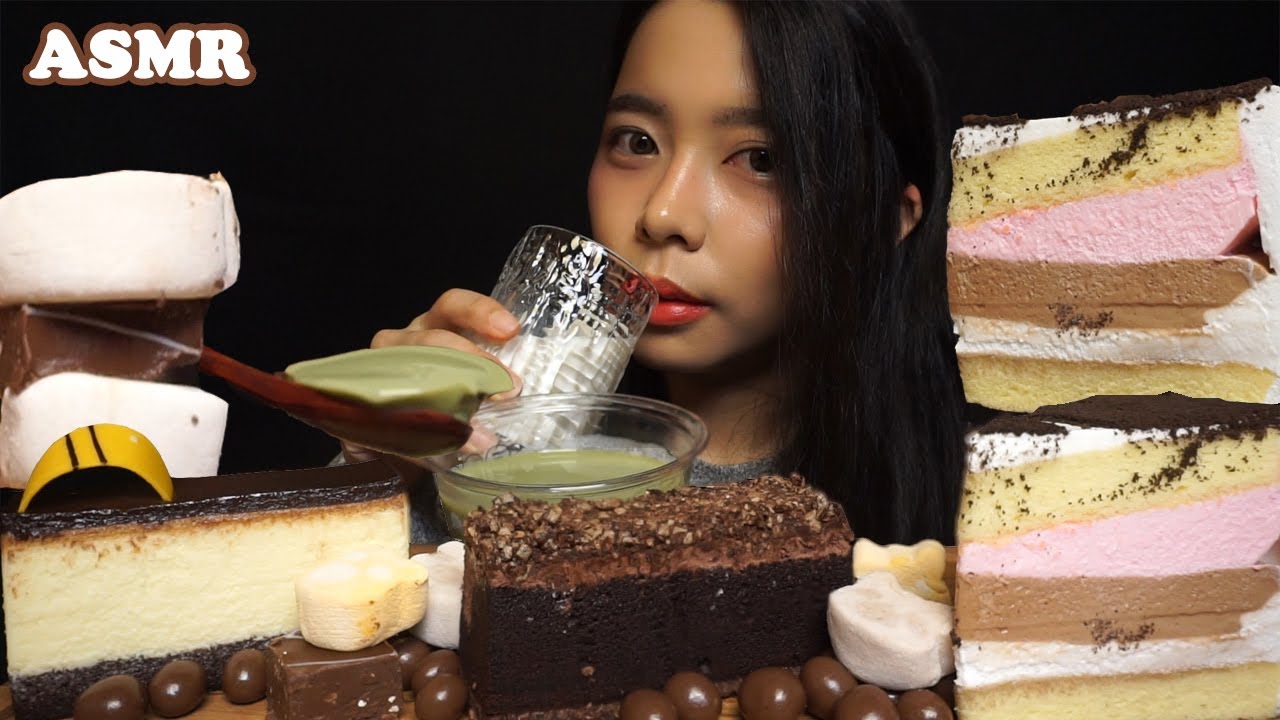 ASMR Neapolitan MOUSSE Cake, Chocolate Cake, CHEESECAKE, Rocky Road, SILKY PUDDING 🍫 | Eating Sounds