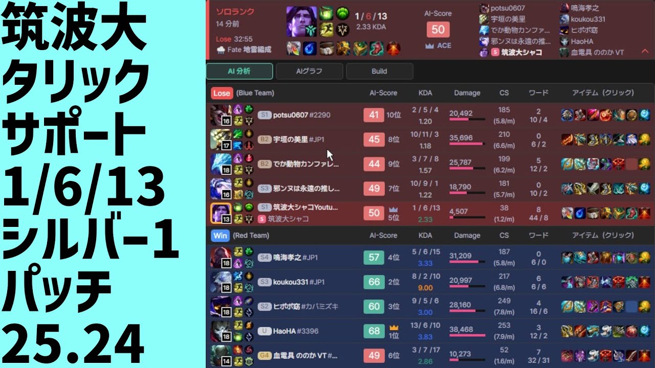 #LeagueOfLegends #taric #taric_sup 筑波大タリックタンク、キルアシストデス場面、サポート、負け、1/6/13、LOLランク、シルバー1、パッチ25.24