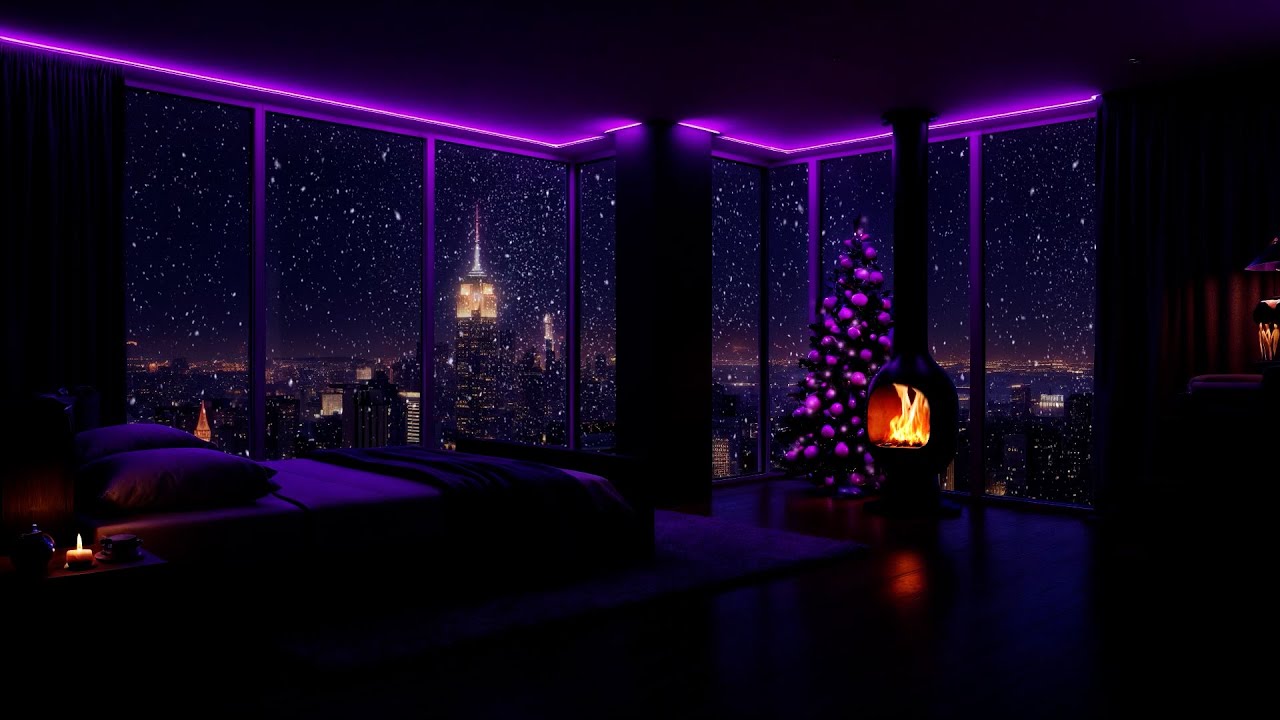 Snowy Purple Christmas Room ✨ Soft Piano & Warm Fireplace Sounds for Deep Sleep & Relaxation