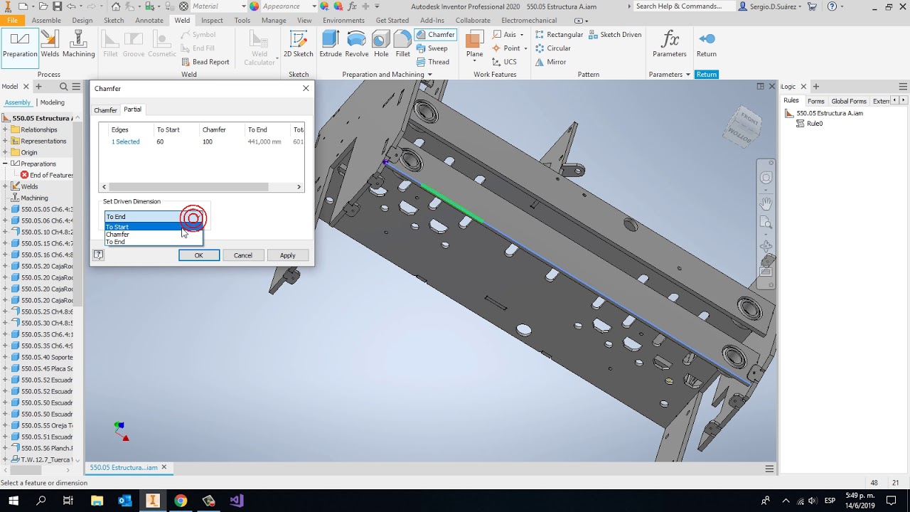 Inventor Weldment Assembly - Partial Chamfer