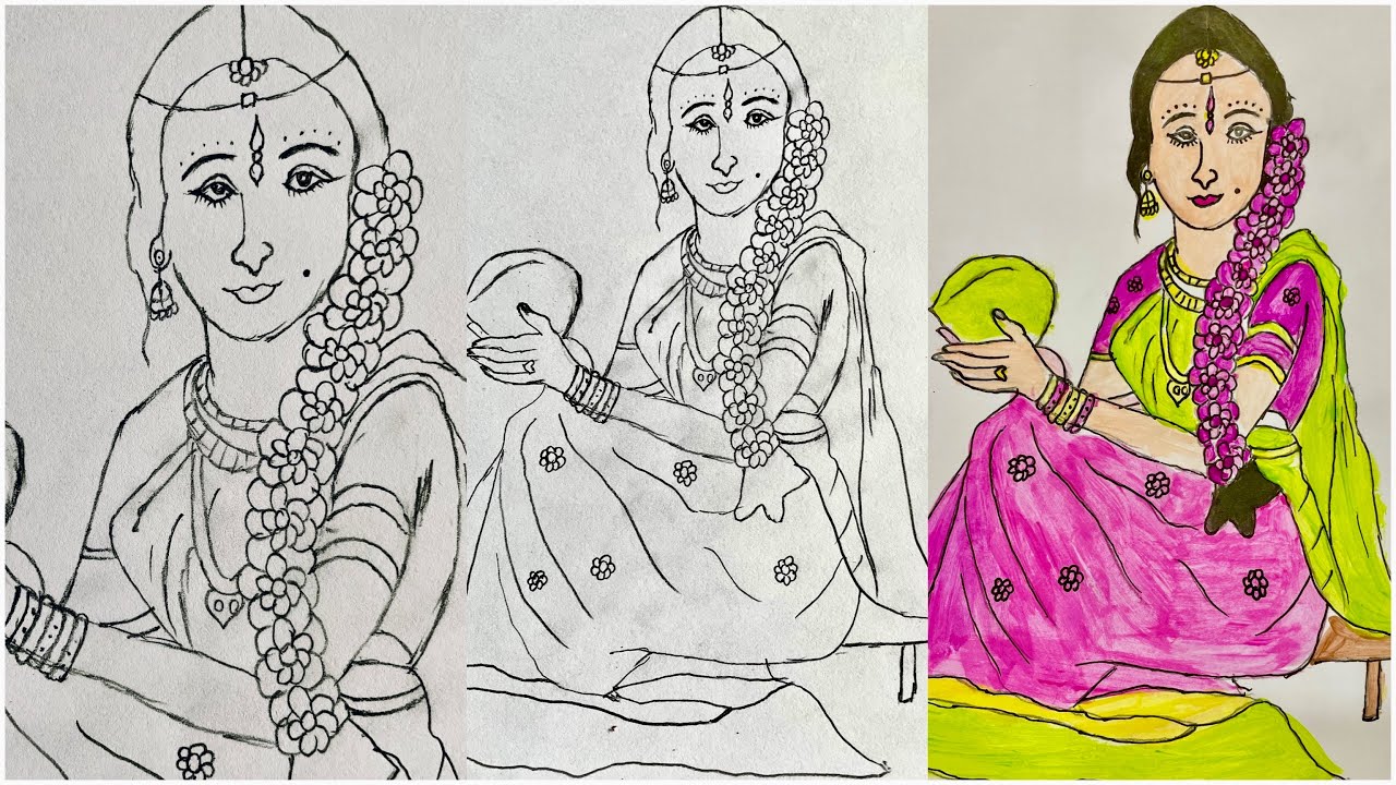 How to draw a beautiful traditional Indian bride/girl drawing/traditional girl drawing