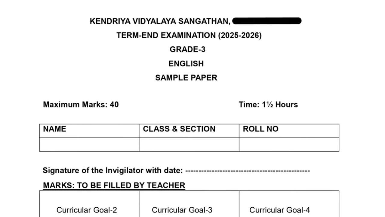 Class-3 English / Annual Exam 2026 Question Paper Session Ending  PM SHRI KENDRIYA VIDYALAYA Term2