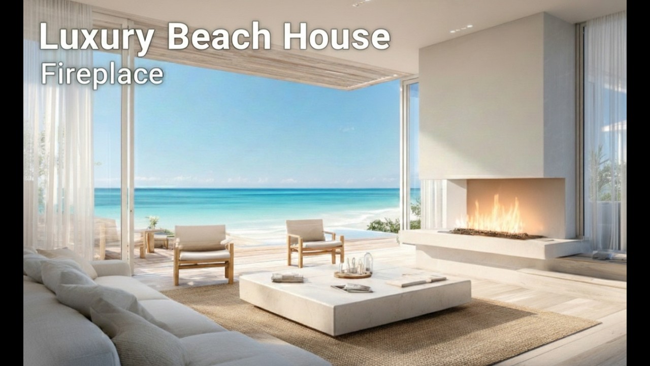 Luxury Beach House Fireplace 🌊 Oceanfront Living Room Ambience with Soft Piano Jazz | 4 Hours (4K)