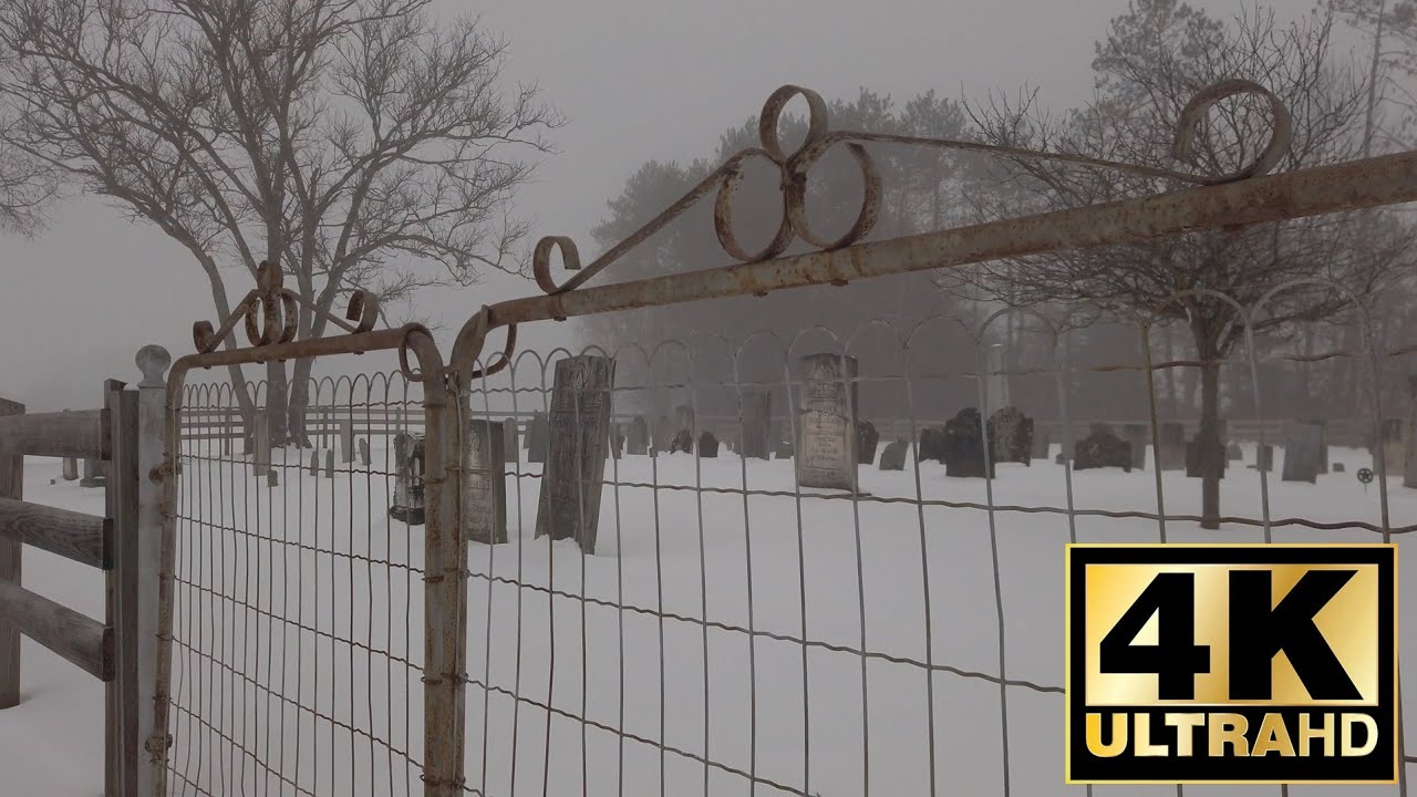 1772 River Road Cemetery, Piermont, NH. A Short Snowy Walk on a Foggy Winter Day, in 4k.