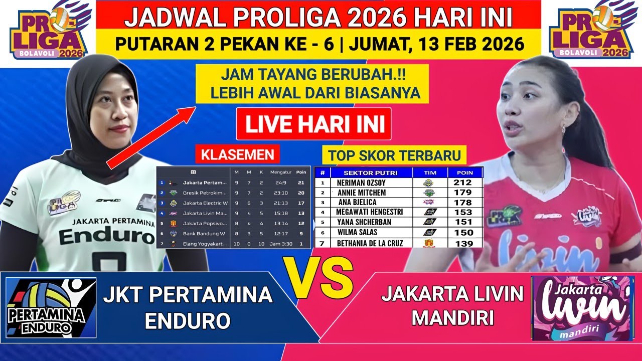 🔴 Jadwal Proliga 2026 Hari Ini - 13 Februari 2026 - Pertamina Enduro vs Livin Mandiri -Jadwal Mega