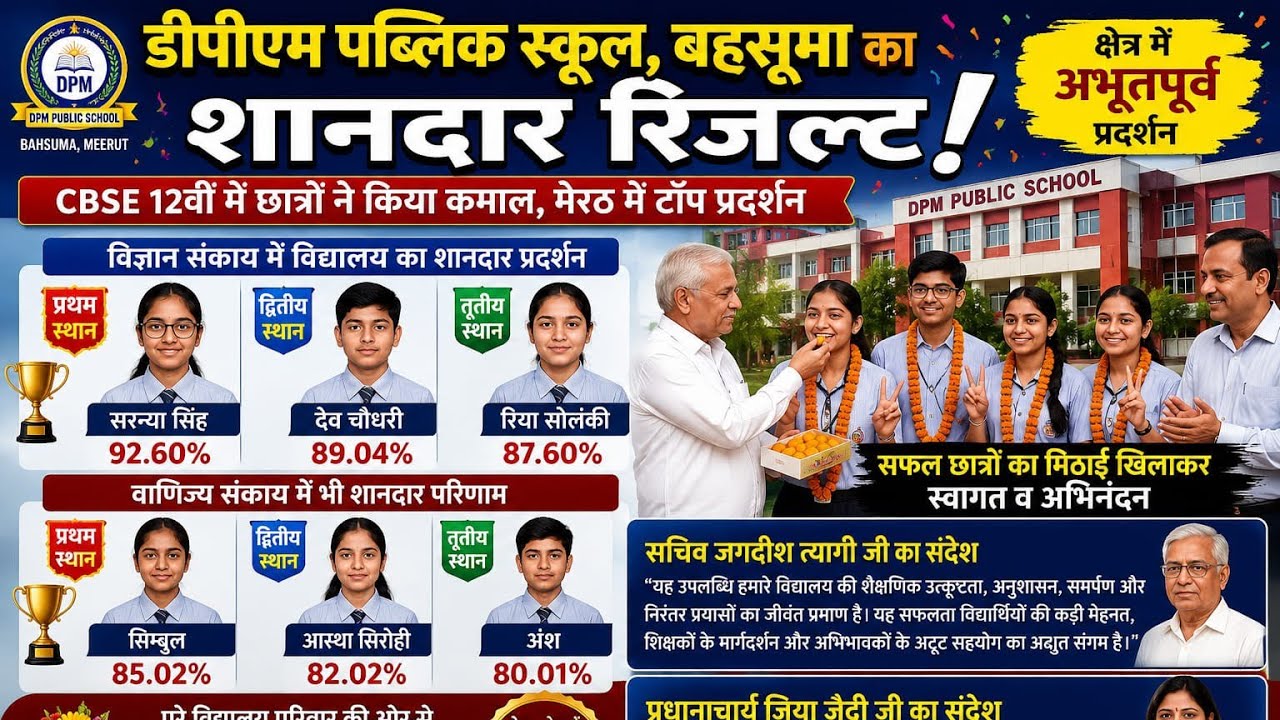 डीपीएम पब्लिक स्कूल बहसूमा का शानदार रिजल्ट CBSE 12वीं में छात्रों ने किया कमाल ,मेरठ टॉप प्रदर्शन