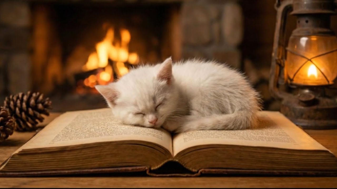 Deep Sleep Cat Purring & Crackling Fireplace 🐱 4 Hours of Relaxing White Noise.