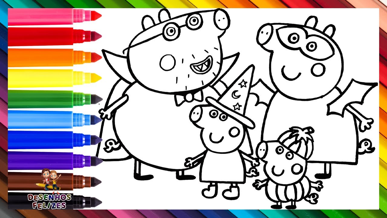 Desenhar e Colorir Peppa Pig e Sua Família Durante o Halloween 🐷🎃👻🦇🕸️🧙‍♀️ Desenhos para Crianças