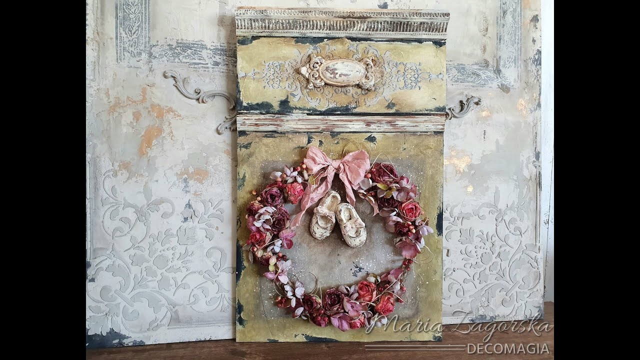 Tutorial [eng subs]: Vintage panel με ξυλόγλυπτα και στεφάνι - Vintage panel with wreath
