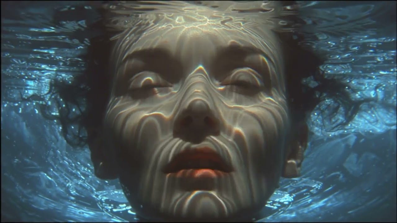close up of womans face submerged in glass tank
