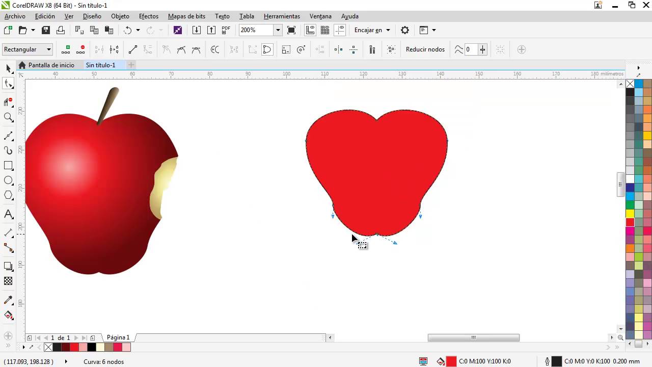 1 -2 CorelDraw: Manzana usando trazos,  soldar, unir nodos y aplicar degradado