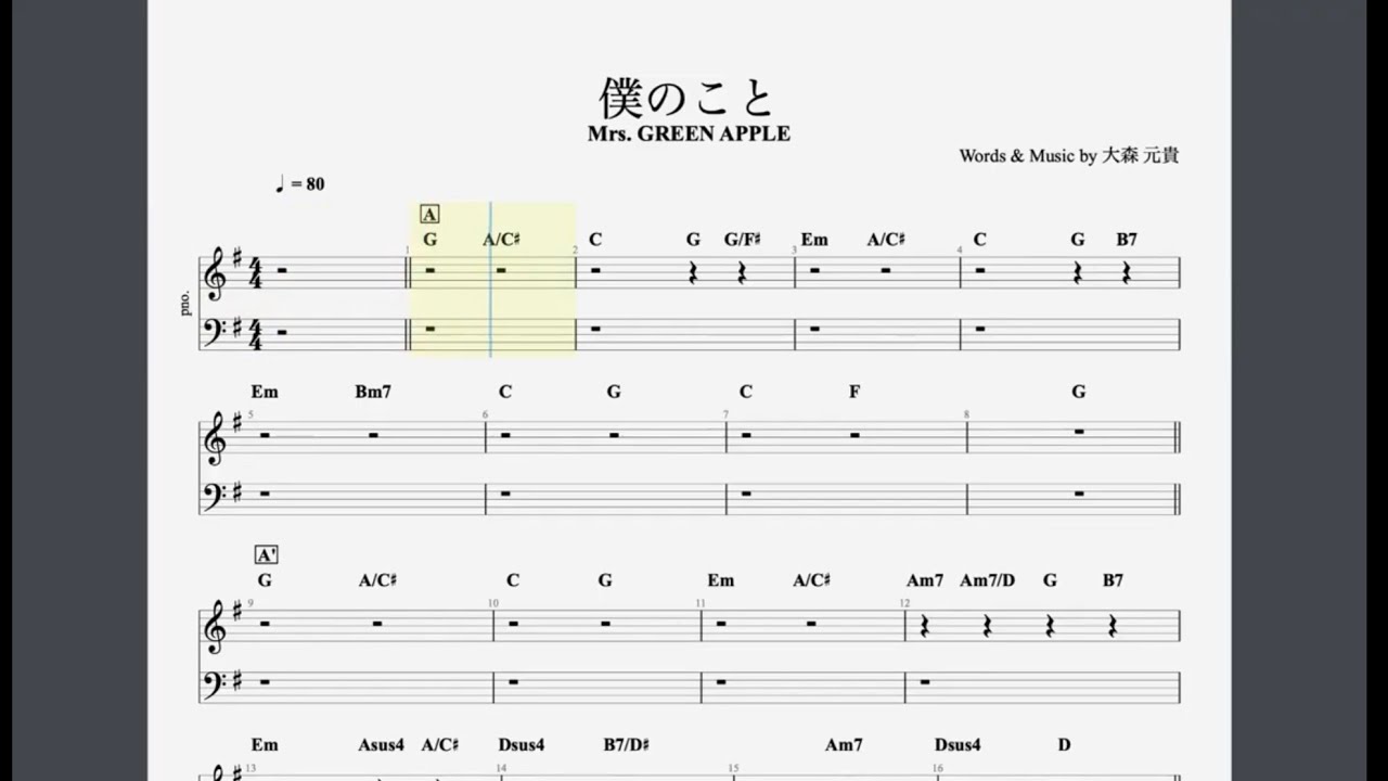 Mrs. GREEN APPLE/僕のこと【ピアノ譜】