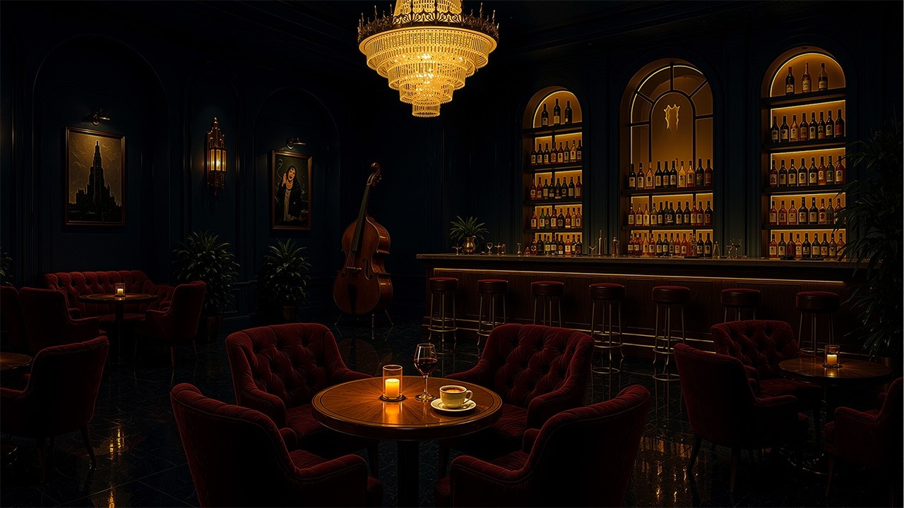 rainy night jazz in a 1940's bar | vintage lounge music playing in another room