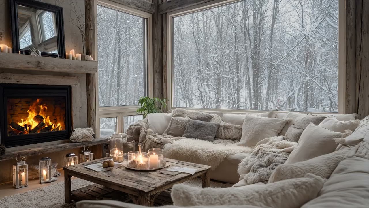 Snow settles beyond the glass ✨ while warm light keeps the room quietly awake