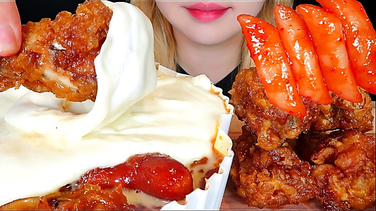 ASMR TTEOKBOKKI + HONEY FRIED CHICKEN + CHEESE Mukbang Eating sounds