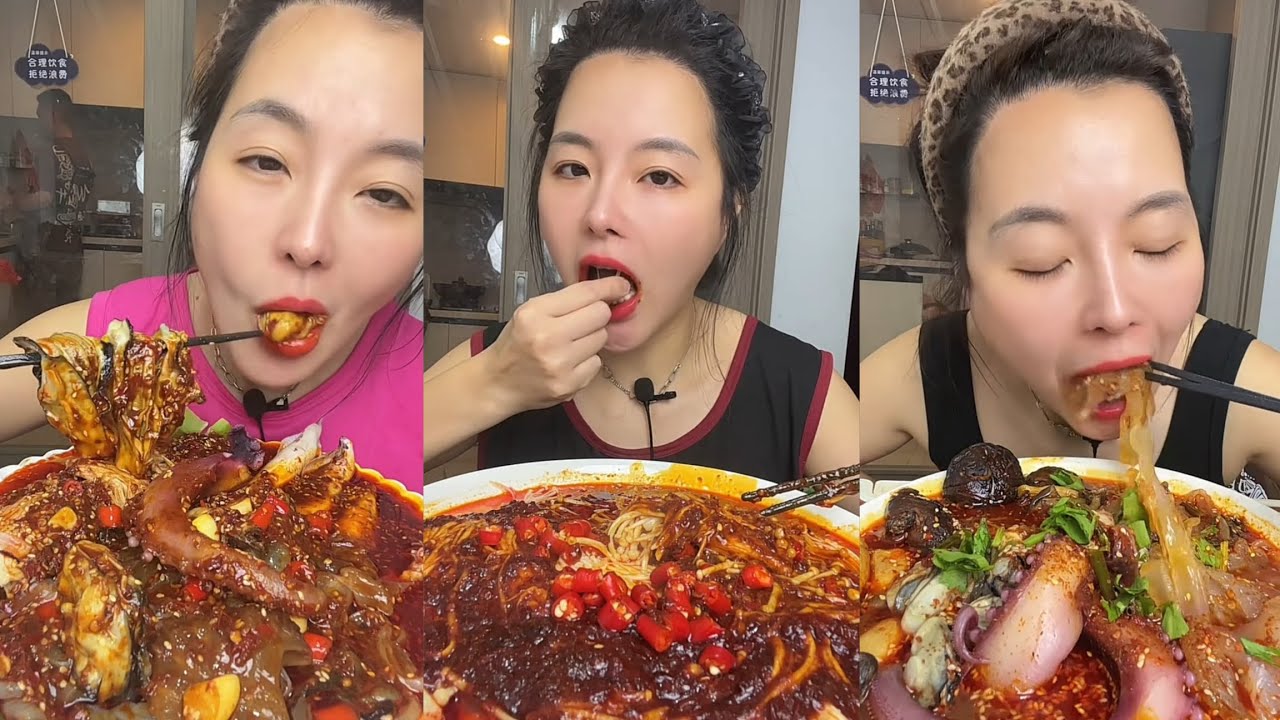 ASMR Mukbang Spicy Chinese Noodles & Seafood | Extreme Chili Eating Sounds (No Talking)