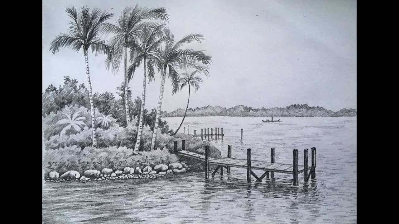 Landscape pencil drawing step by step | coconut trees drawing in pencil | pencil sketch