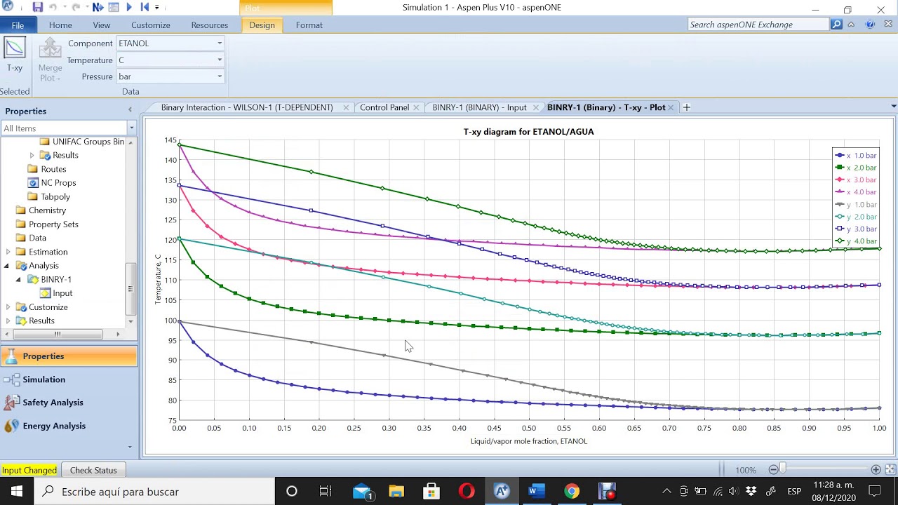 4  ASPEN PLUS  DIAGRAMAS DE EQUILIBRIO T X,Y P XY, MEZCLA BINARIA