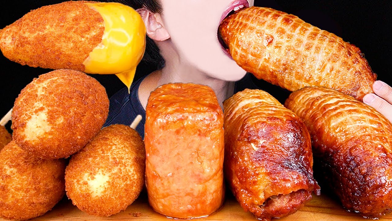 ASMR SPAM SMOKED DUCK SAUSAGE CHEESY CORN DOGS BLACK BEAN NOODLES COOKING MUKBANG먹방咀嚼音 EATING SOUNDS