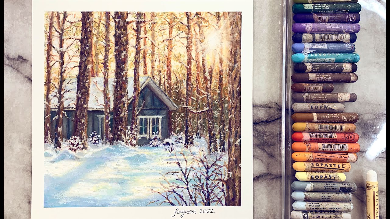 Oil Pastels : Cottage in Winter Forest [Sketch to Finish] using Neopastel + Sennelier white! 🌲❄️