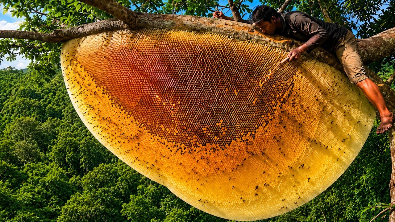Harvesting Giant Wild Honey from a Massive Tree High in the Forest