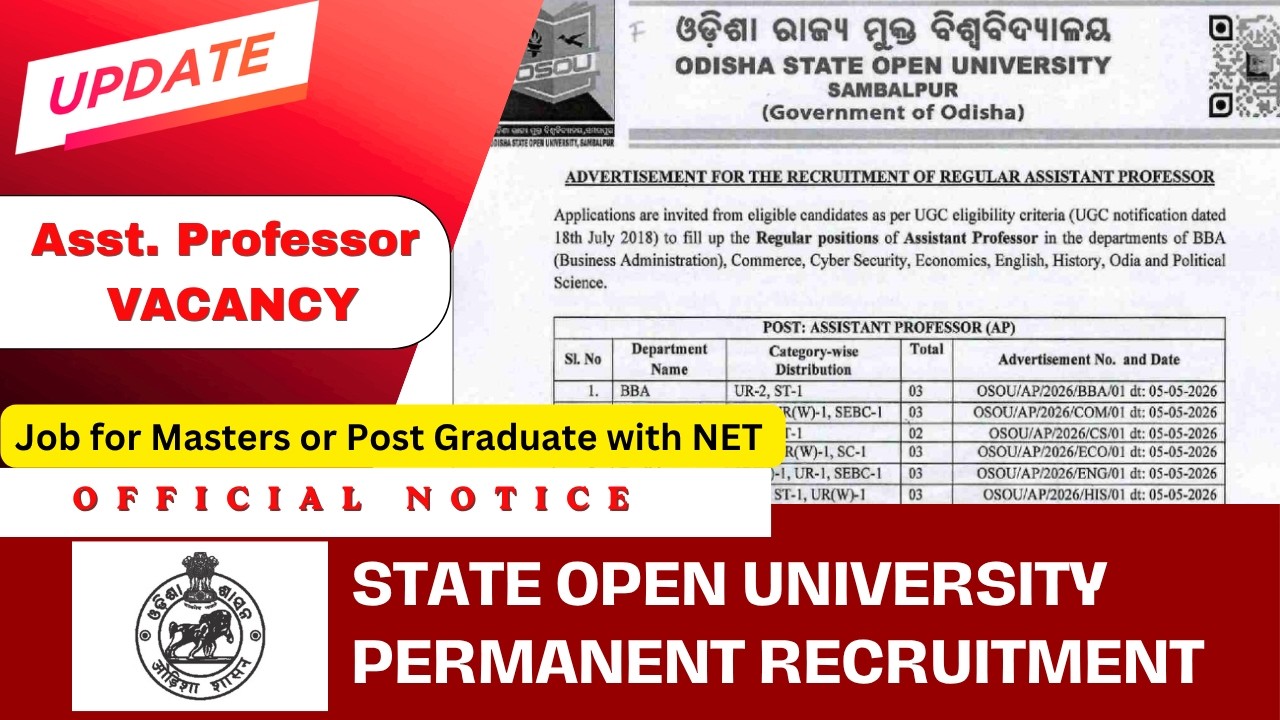 Odisha State Open University Sambalpur Permanent Faculty Notice 2026| Asst. Professor
