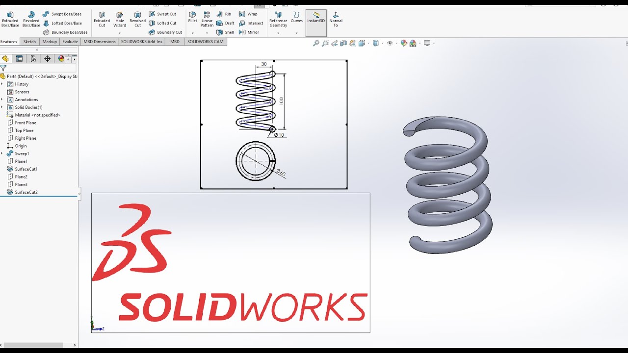Drawing a Spring in SolidWorks using Swept Boss/Base feature
