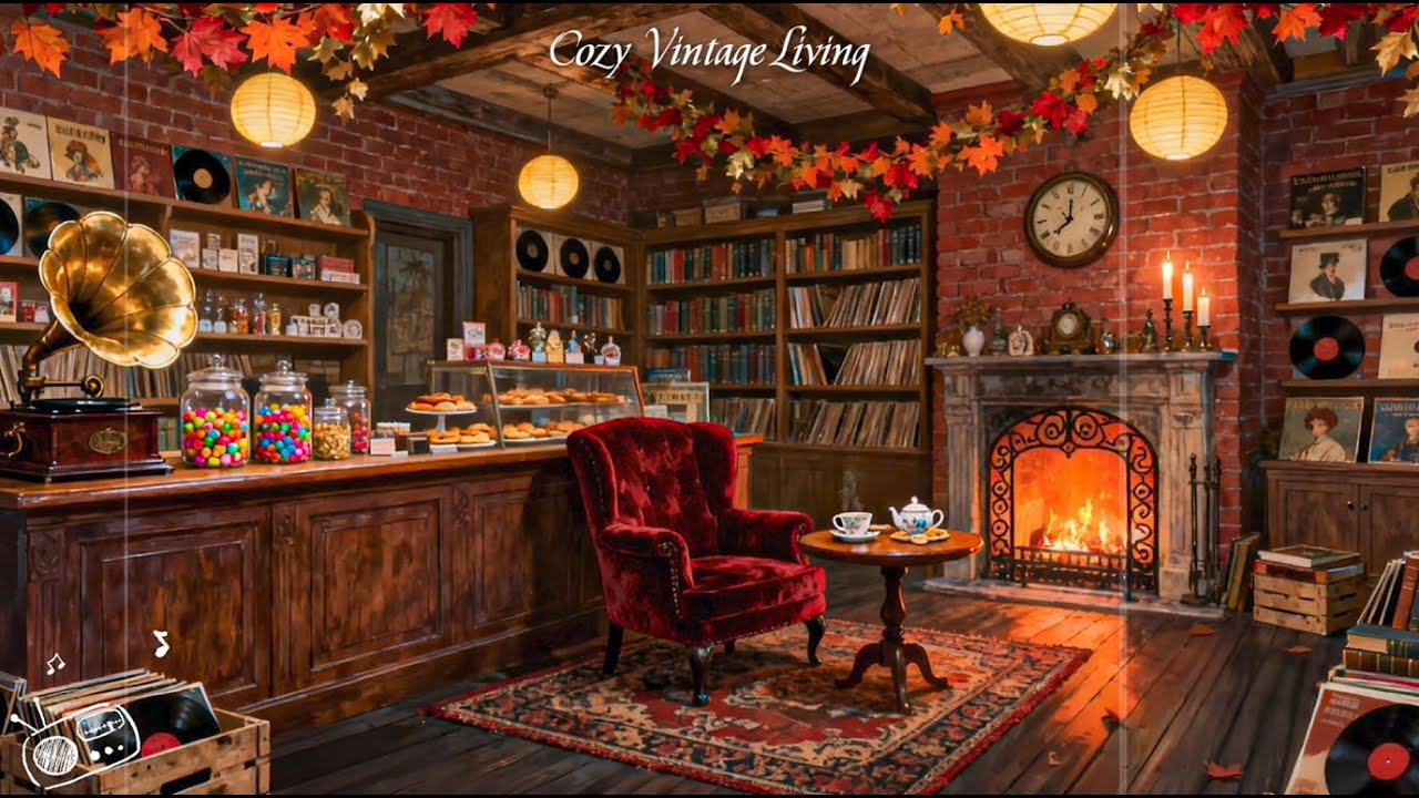 Cozy Vintage Jazz Cafe ☕ Warm Fireplace & Old Records | Relax, Study, Unwind
