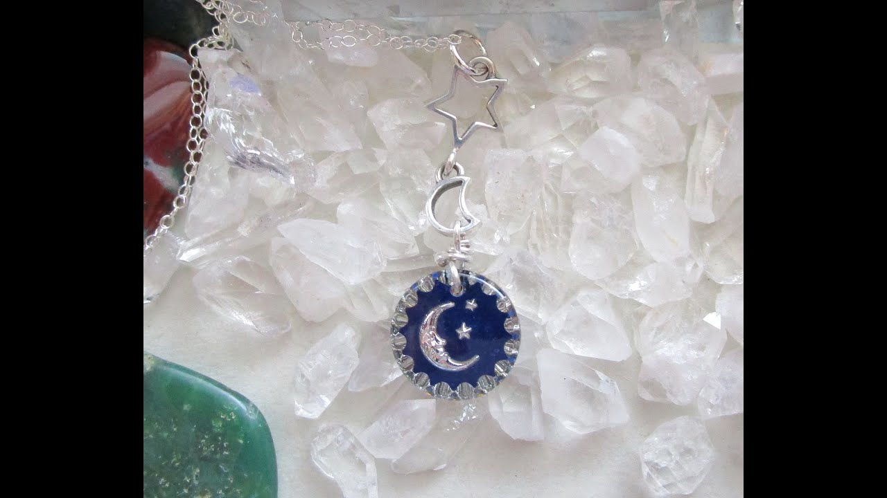 Heliotrope Glass Intaglio Silver Moon and Star Pendant Necklace
