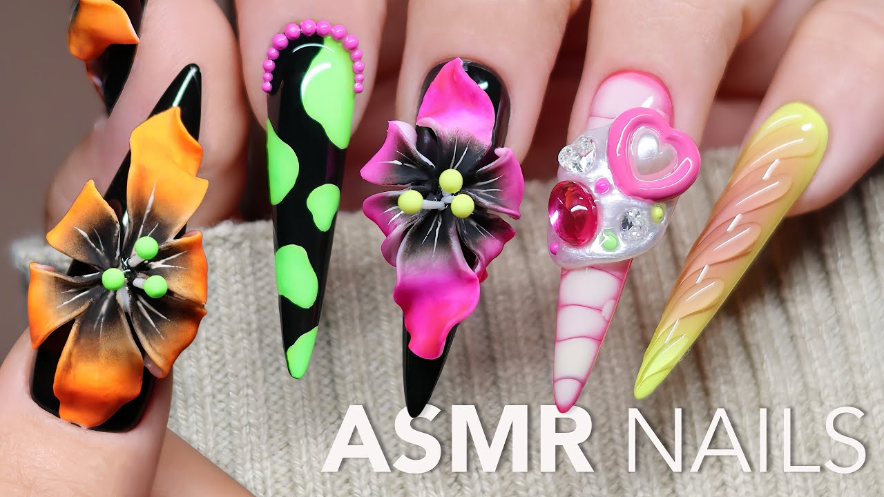 ASMR Nail Art | Урок по тропическому цветочному нейл-арту | Иммерсивный маникюр