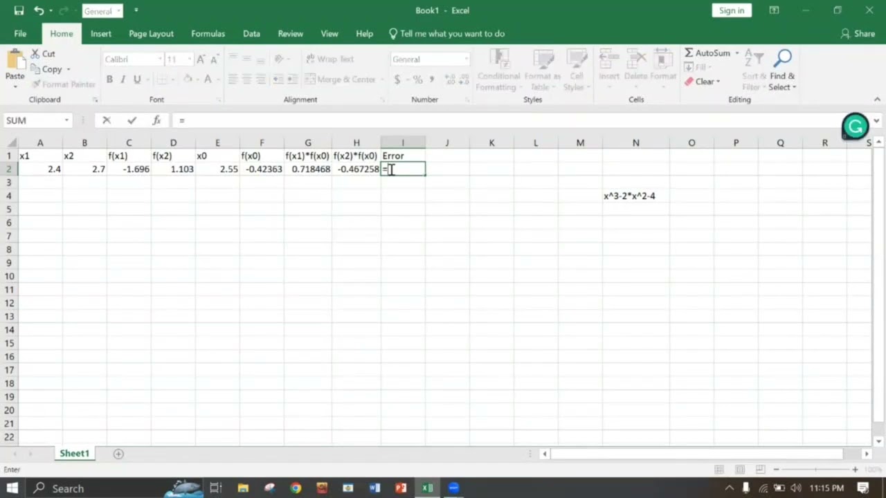 Bisection Method with excel