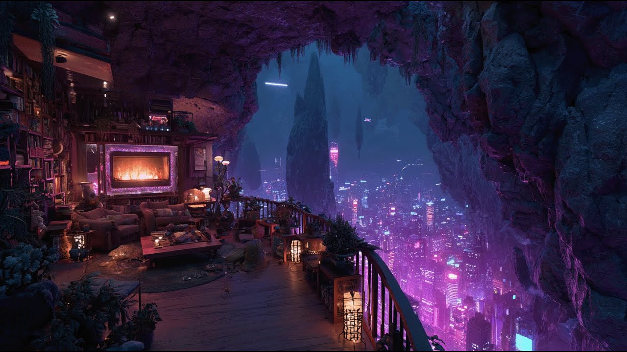 Cozy Cave Rain Sounds 🌧️ | Glowing City Lights | Deep Sleep & Relaxation