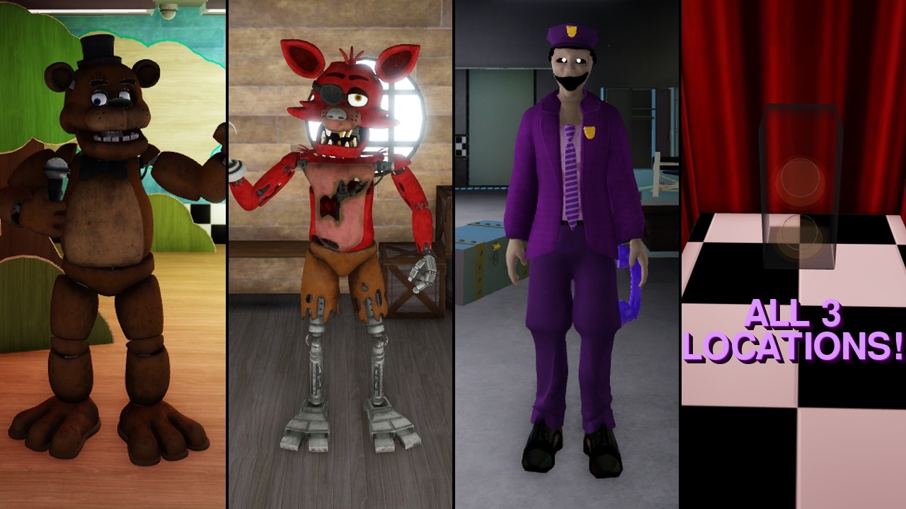 Showcasing FNAF 1 animatronics + purple guy and secret speakers - FMR Roblox