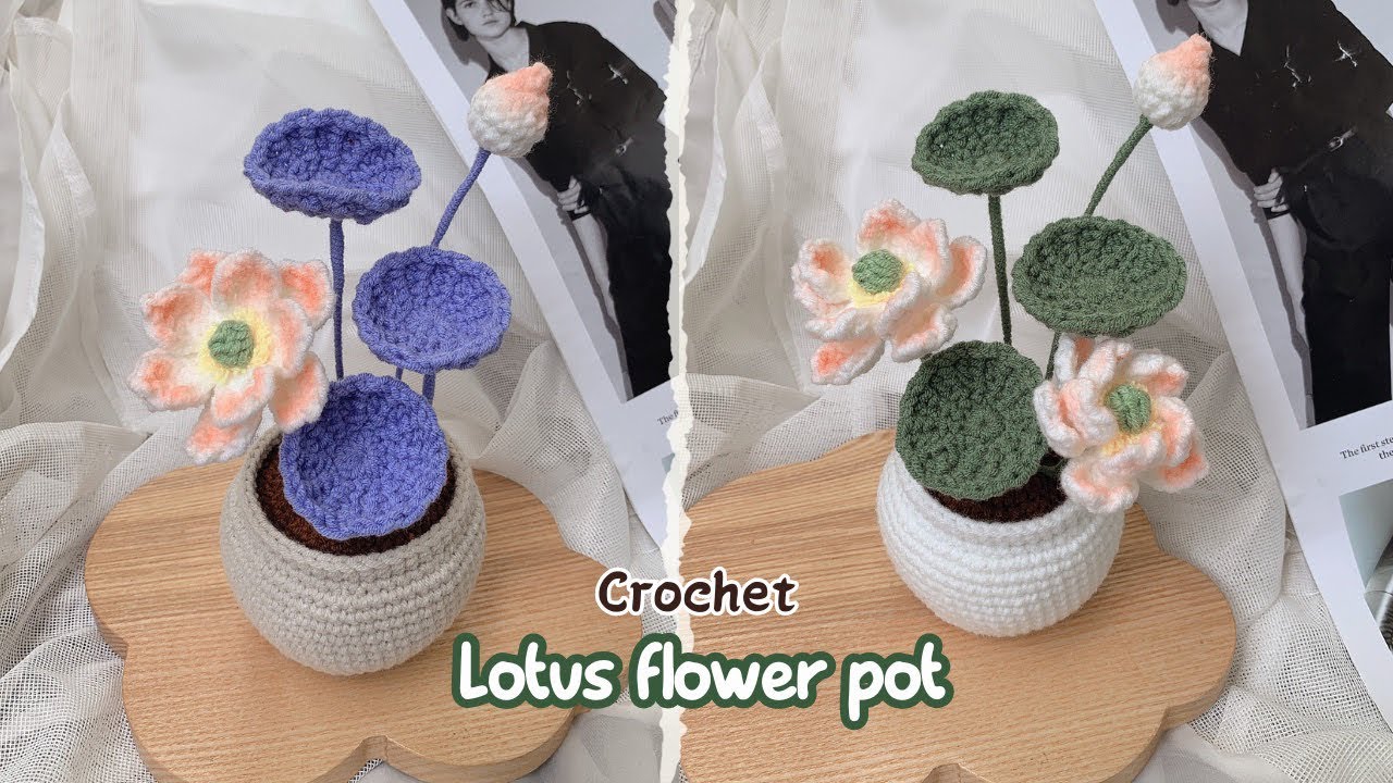 Crochet Lotus Flower Pot | Móc Len Chậu Hoa Sen Mini Để Bàn Decor