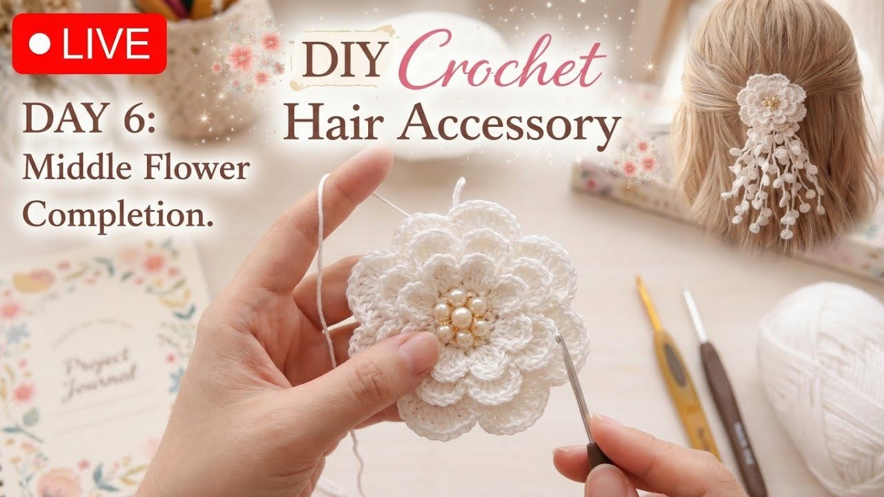 Day 6 | Live Crochet Floral Hair Accessory Tutorial 🌸 | Aesthetic Handmade