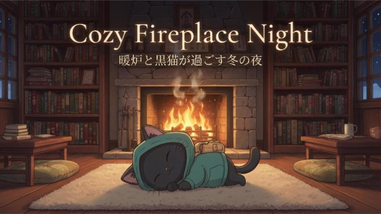 【作業用BGM】Cozy Fireplace Night - 暖炉と黒猫が過ごす冬の夜 | 60 min
