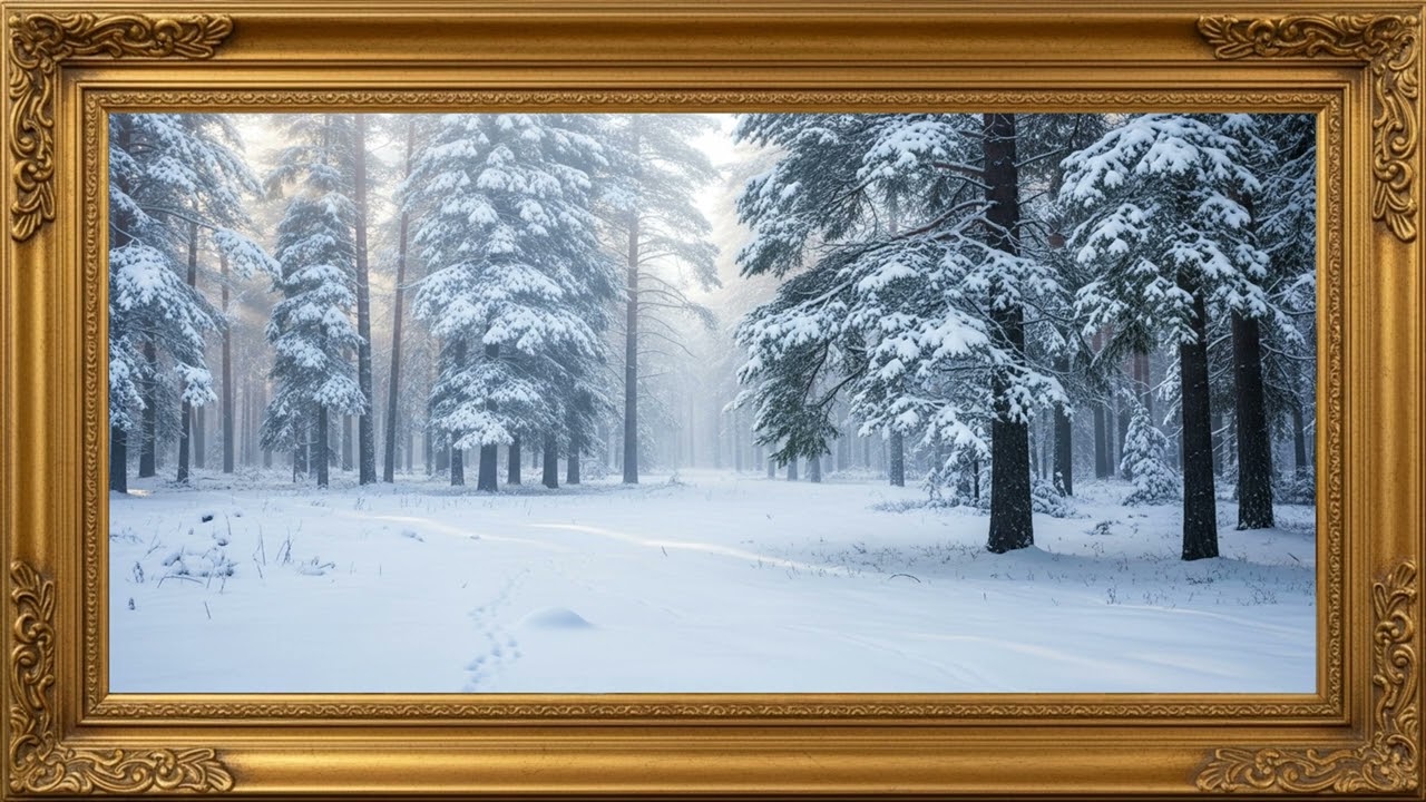 Snow laden branches forming a natural archway in a silent forest, dreamy mood