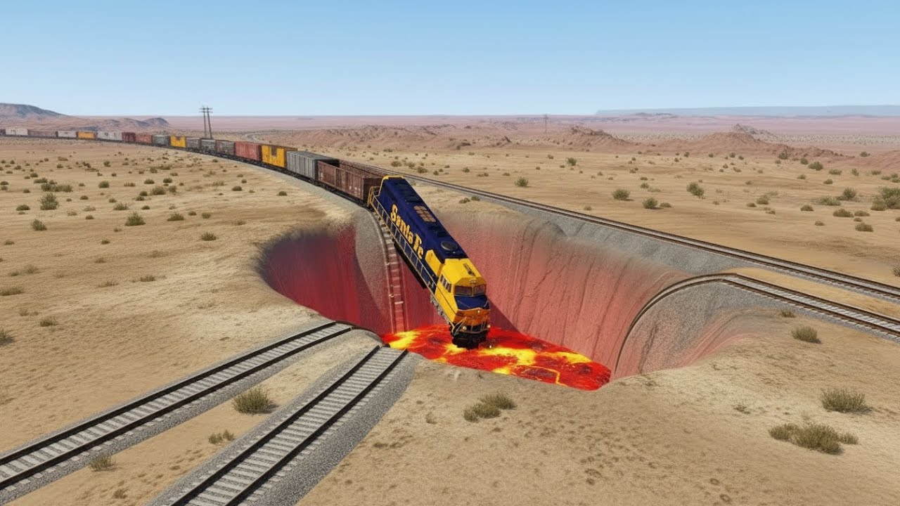 Trains vs Giant Pit Deep Lava - Cars vs Rails - BeamNG.Drive