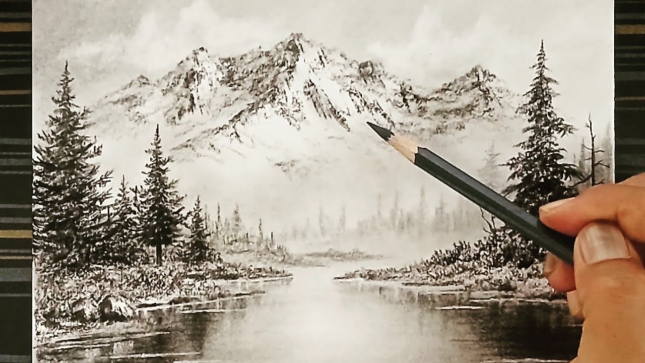 How to draw winter mountain waterlake trees landscape scenery by pencil with easy ways.