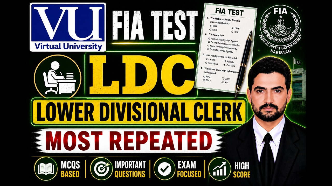 Virtual University FIA LDC MCQs FIA Steno Sub Inspector Assistant UDC Constable Screening Test