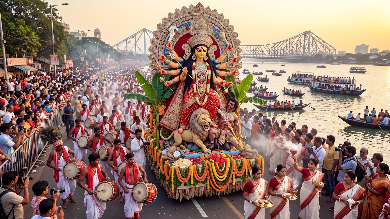 🇮🇳 Kolkata Durga Visarjan 2026 🔥 Giant Durga Idols, Dhak Drums, Dance & River Immersion