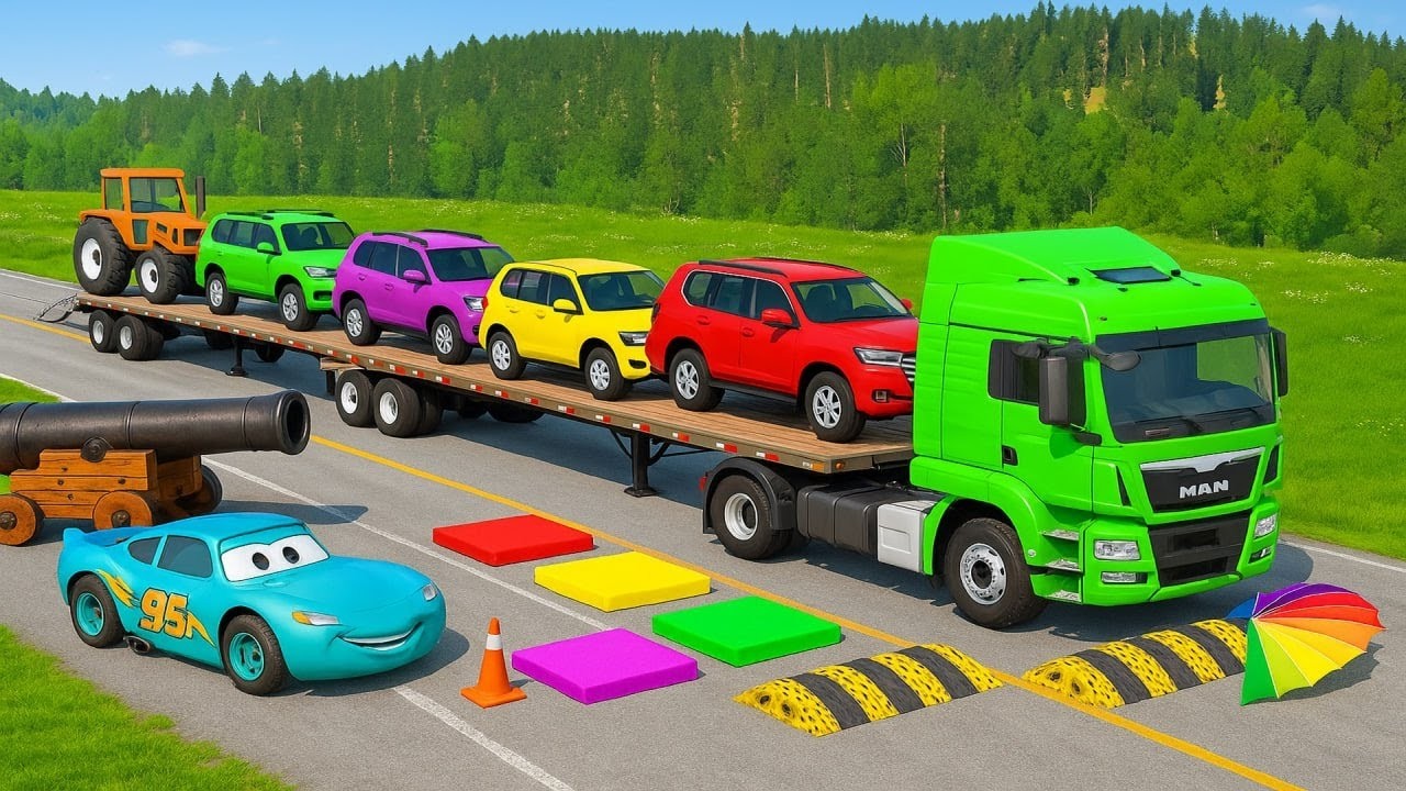 Five Flatbed Trailer McQueen Transportation with Truck - Speedbumps vs Cars vs Train - BeamNG #269