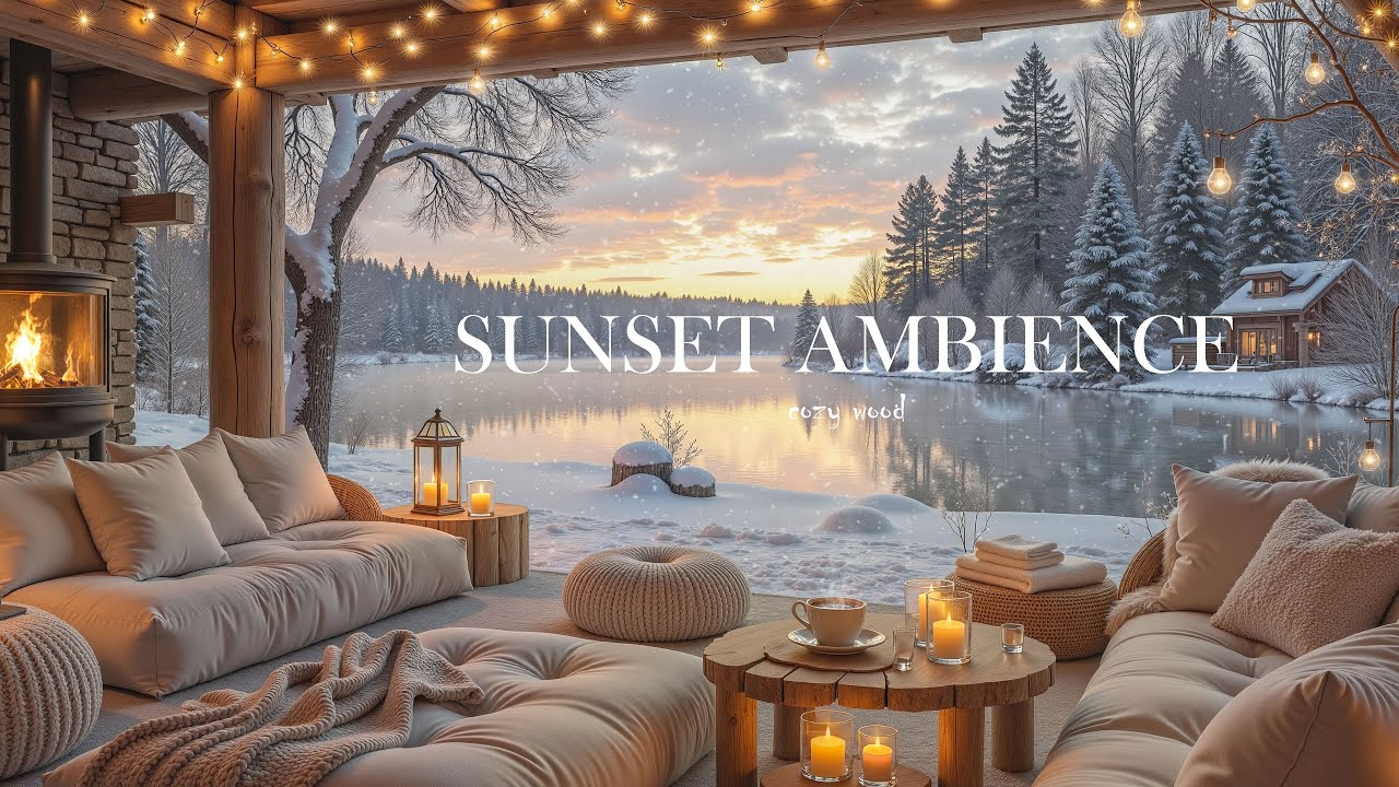 🎄 Cozy Winter Sunset Ambience | Soft Jazz & Fireplace Sounds by the Lake for Relaxation and Focus