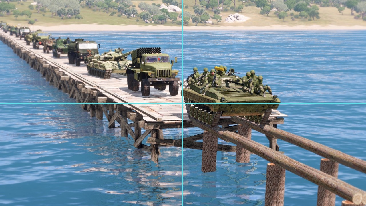 Russian Tactical Division Crossing Emergency Wooden Bridge Wrecked by Missile